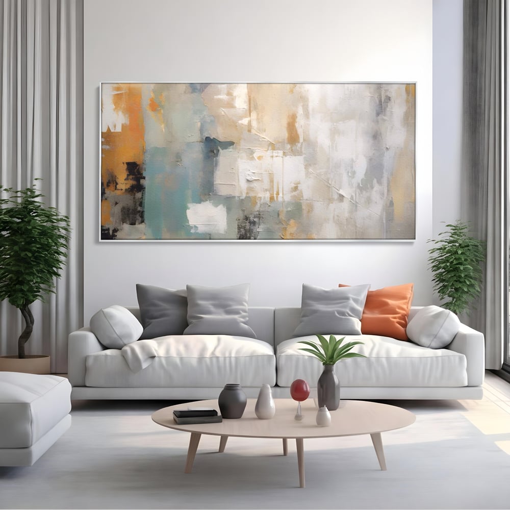 Tablou canvas cu pictura abstracta cu texturi alb, gri si turcoaz, in rama de aluminiu argintiu, pe perete intr-un living